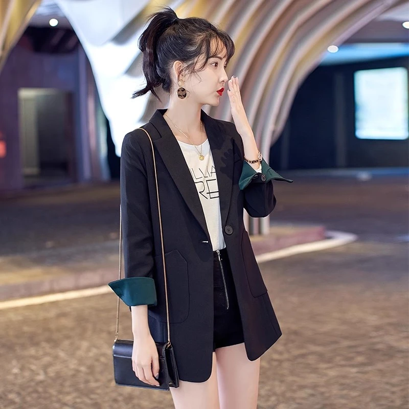 大码女装黑色小西装外套胖mm春秋2025新款韩版高级感中长西服上衣