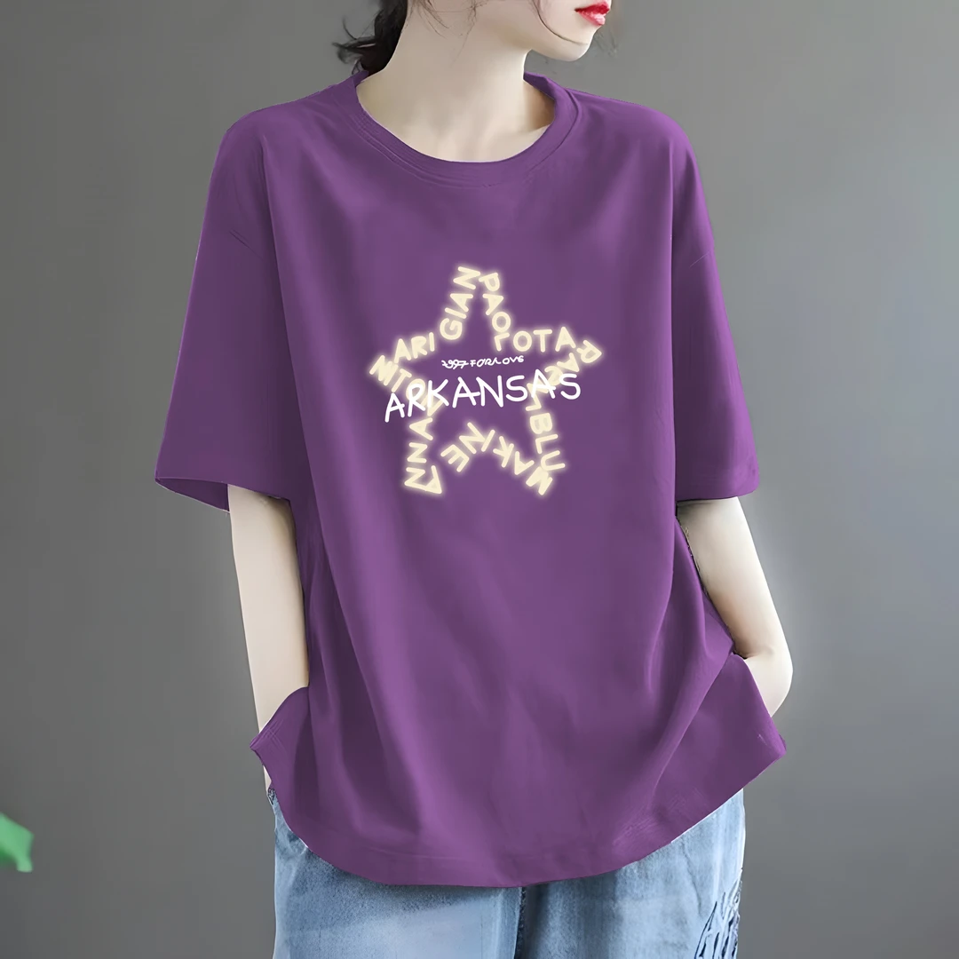 2025夏季新款纯棉落肩短袖T恤女大码宽松百搭洋气时尚圆领上衣ins