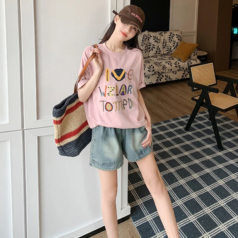 女夏季新款休闲运动套装宽松百搭印花圆领短袖T恤牛仔短裤两件套