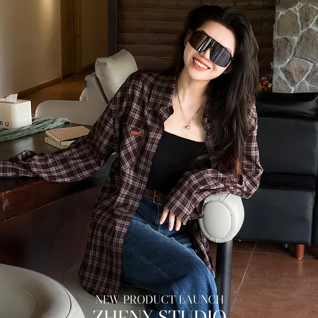 ZHENXI【美拉德格子衬衫】高个子穿搭秋复古重工格子外套25QDAA0090