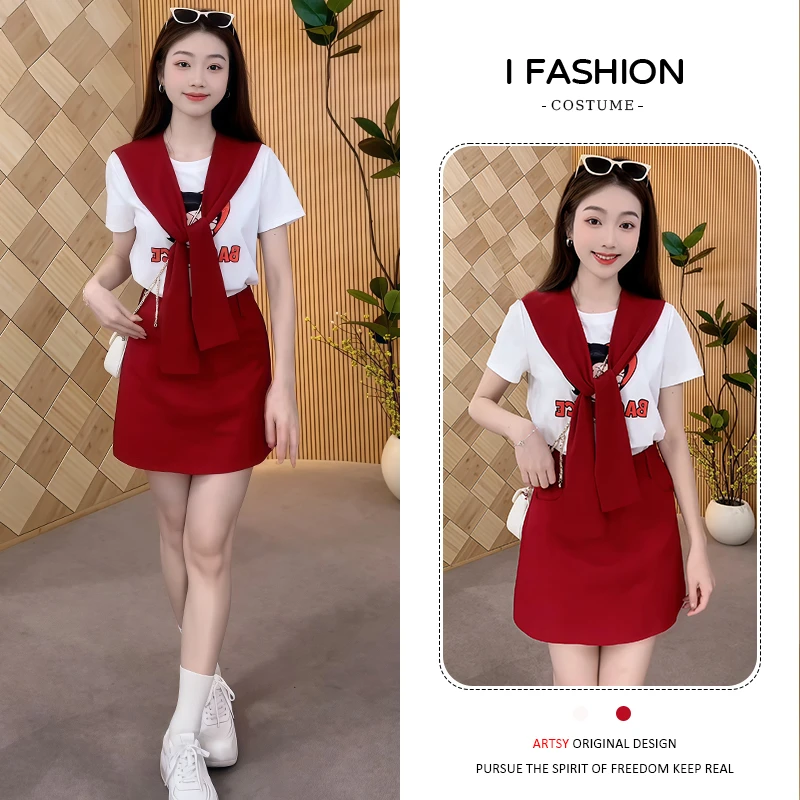高含棉时尚减龄套装女2025夏季新款韩版休闲短袖t恤半身裙两件套