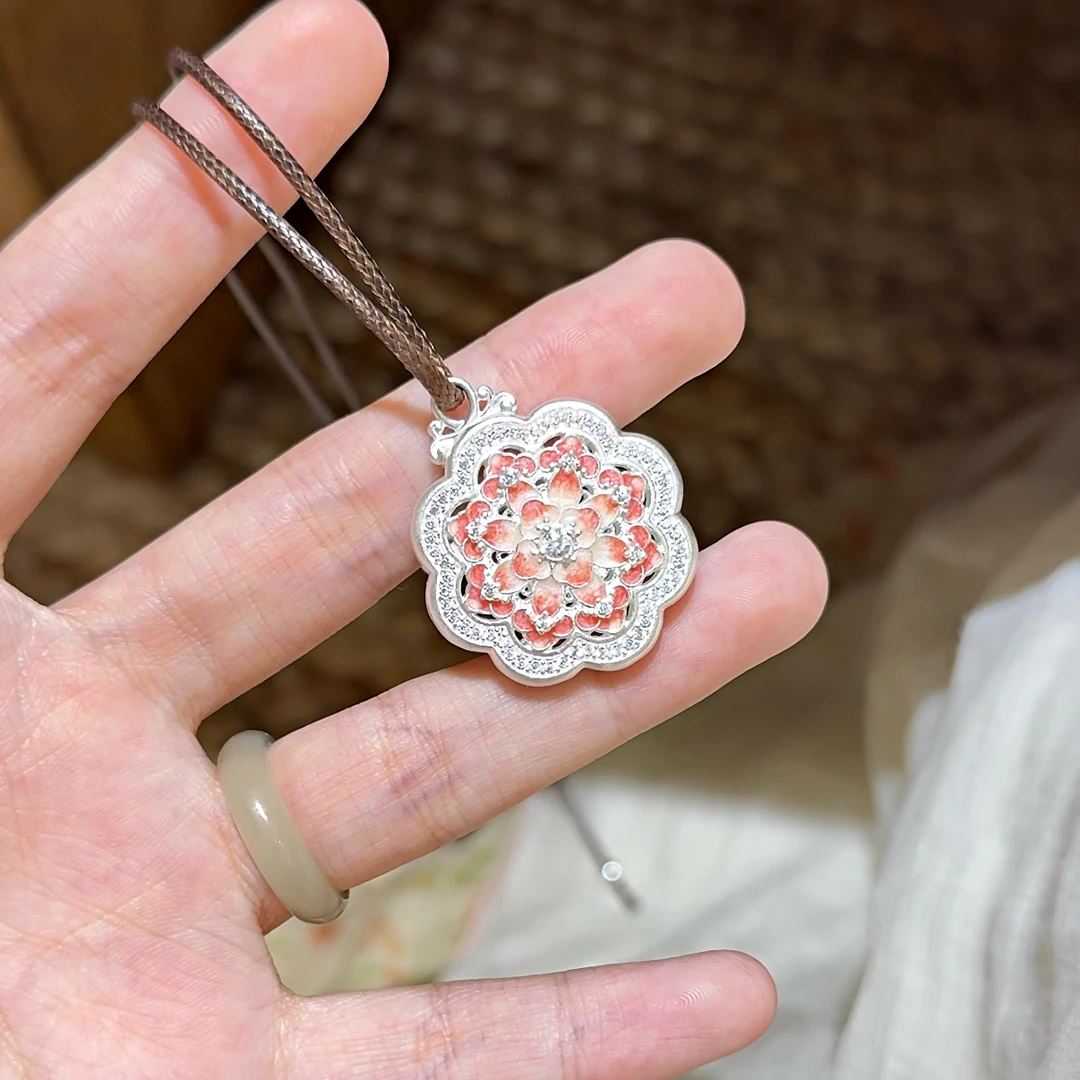 吊坠足银珐琅 银9999洛神珐琅彩描金牡丹花项链国风精致百搭吊坠