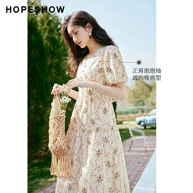 红袖春季新款红袖泡泡袖V领套头连衣裙长裙裙子碎花90123131601