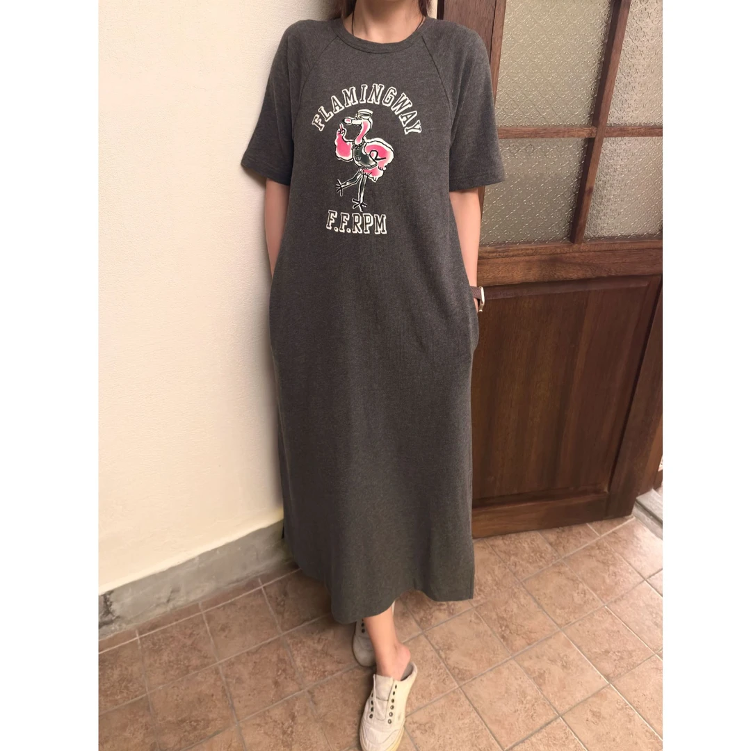 卡通字母火烈鸟印花纯棉开叉梨形显瘦连衣裙女