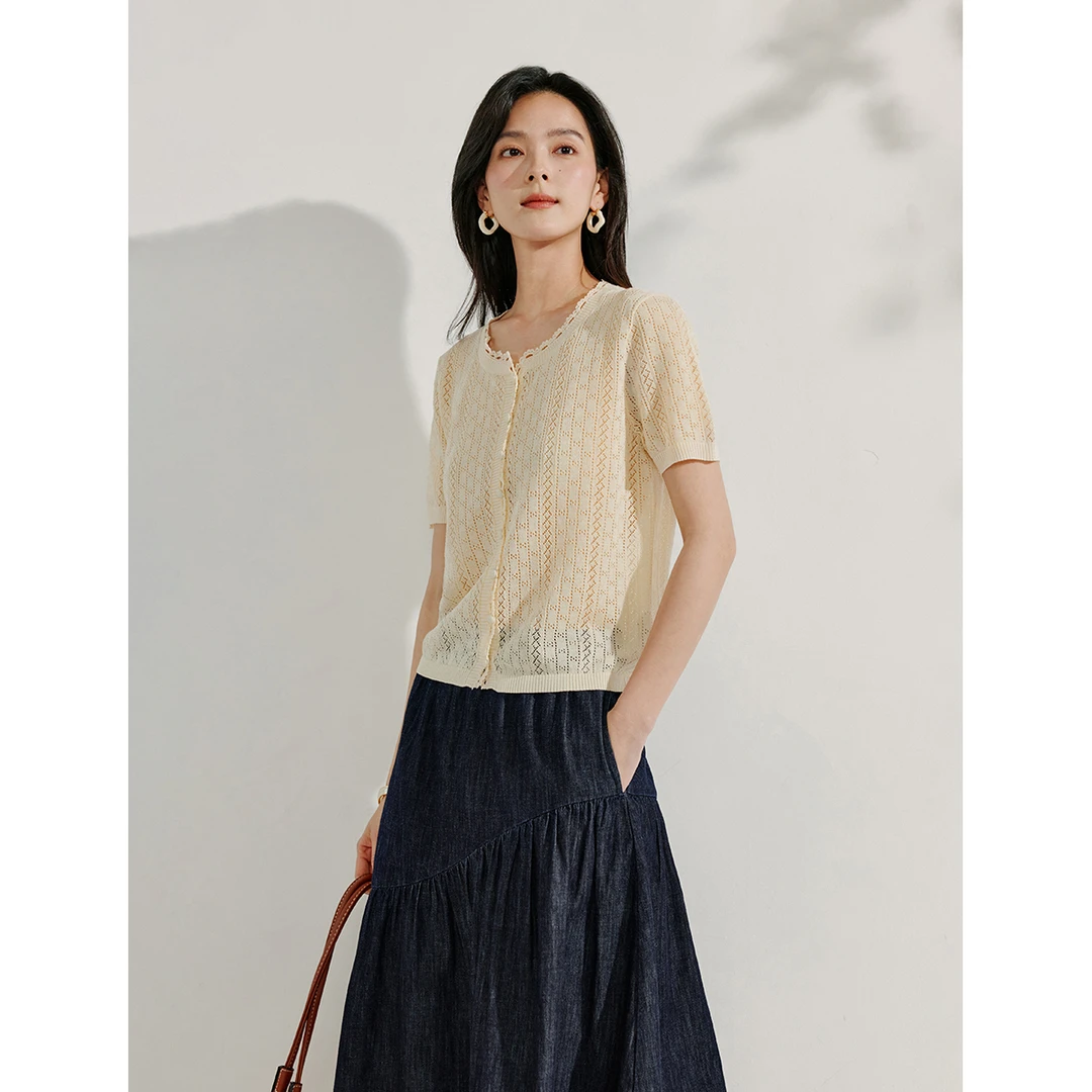 茵曼薄款亚麻镂空钩花针织衫2025夏季女装新款老钱风短袖宽松上衣