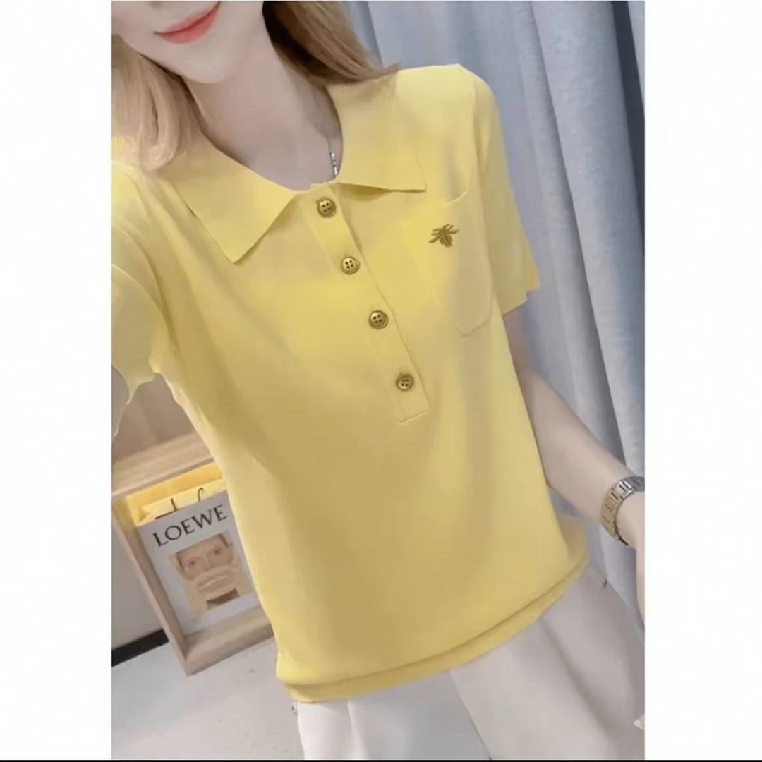 小众Polo翻领蜜蜂刺绣短袖T恤女休闲百搭针织衫A53