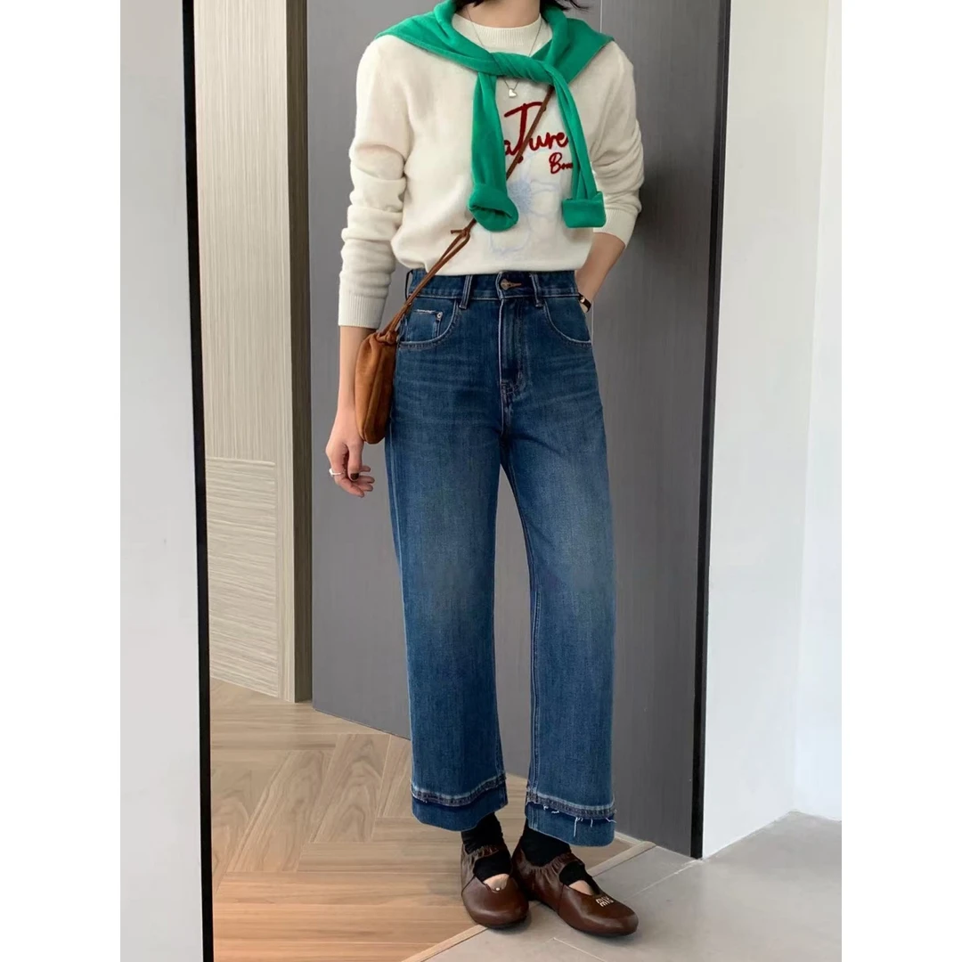 时髦拼接九分直筒牛仔裤2025秋季新款胖mm高腰宽松弹力阔腿牛仔裤