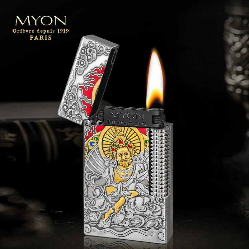 高奢勉牌爵士待机王M9黄财神浮雕包银鎏金珐琅彩工艺煤油打火机