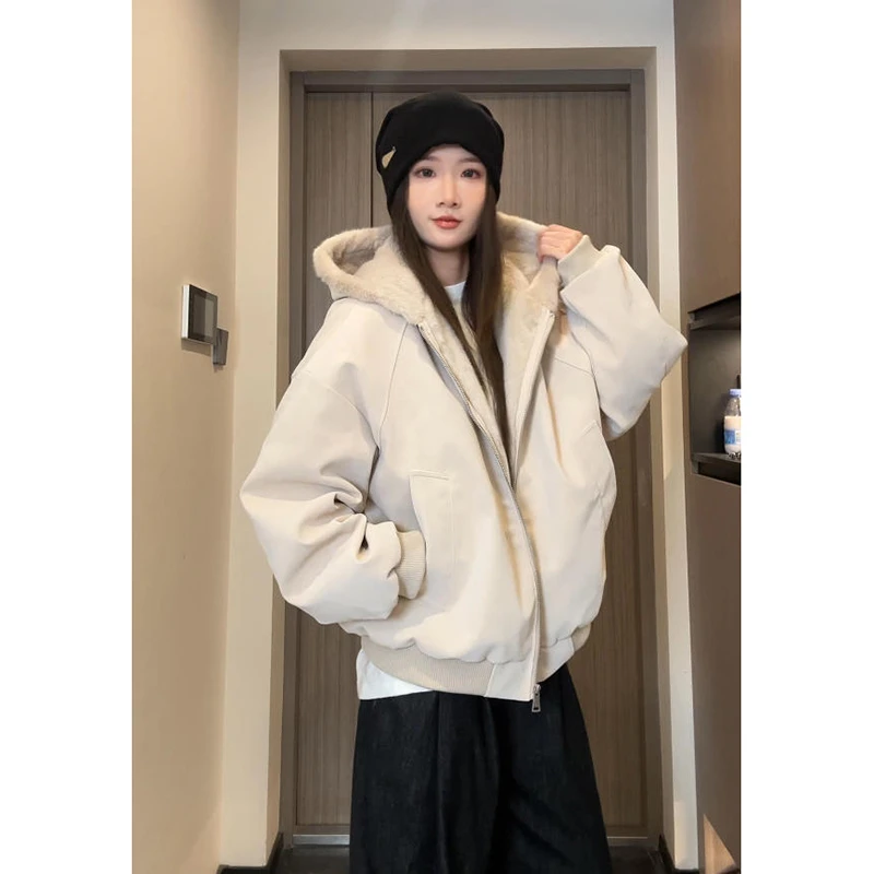 荔枝纹连帽座山雕PU皮外套男女款冬季加绒加厚保暖皮衣毛领棉衣男