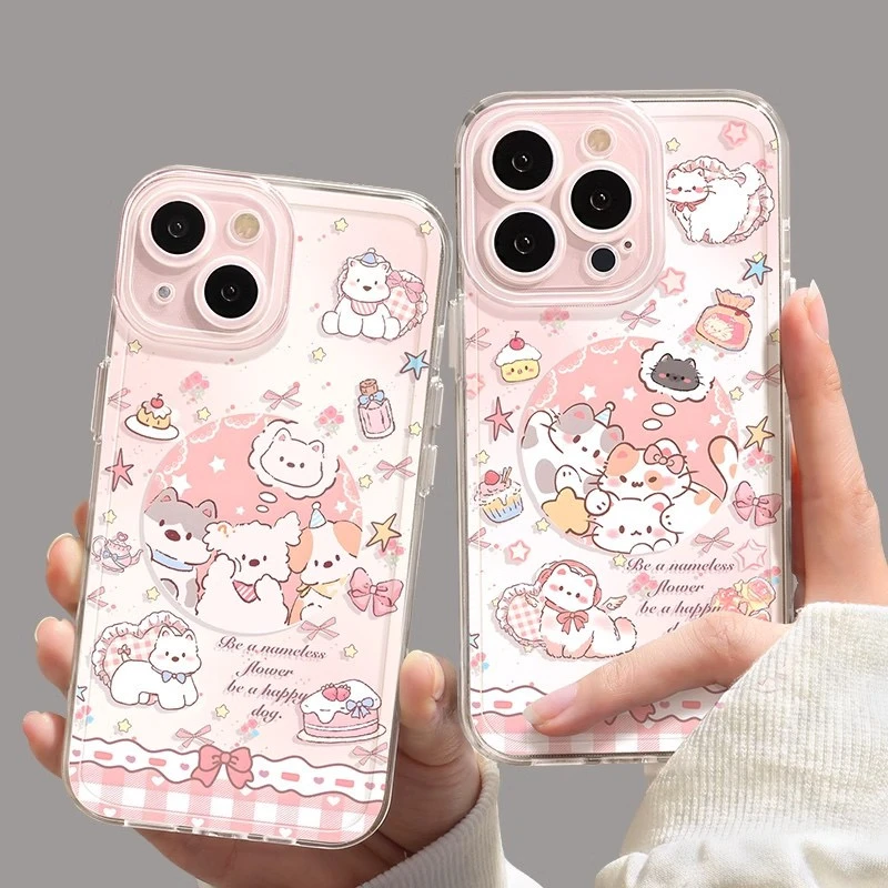 可爱粉色小狗适用iphone16/15透明14手机壳华为P70vivo小米13oppo