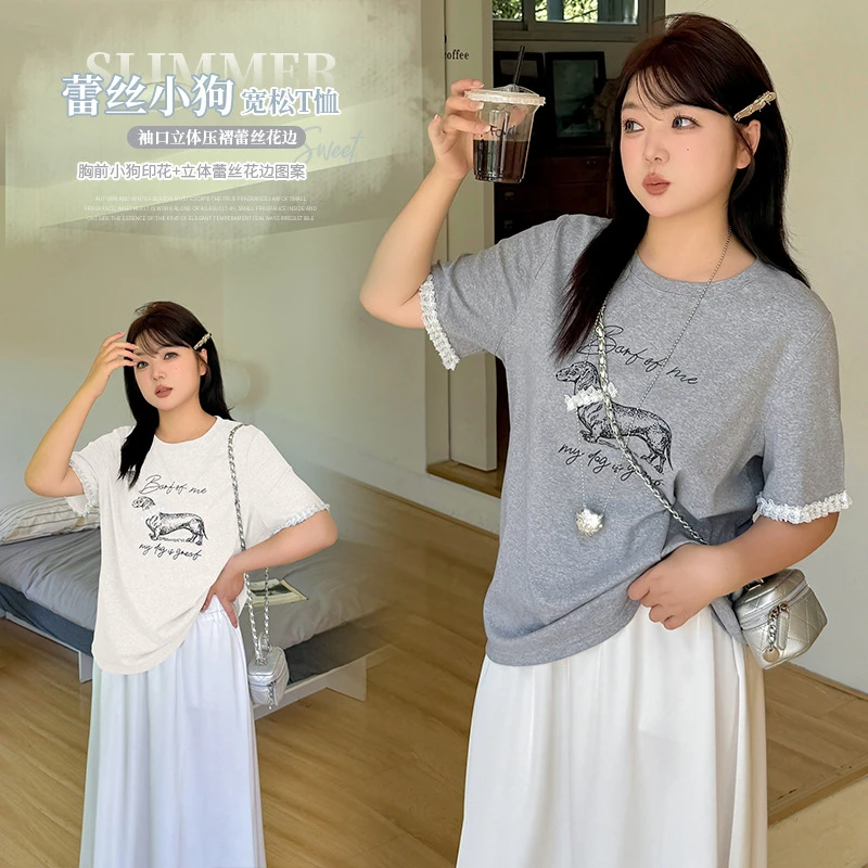 大码女装2025夏季新品减龄花边修狗印花套头女短袖T恤242398