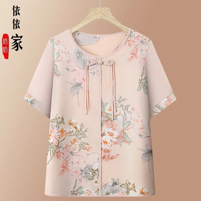 奶奶装夏季T恤女短袖老年人套头小衫妈妈雪纺衫洋气老太太衣服女