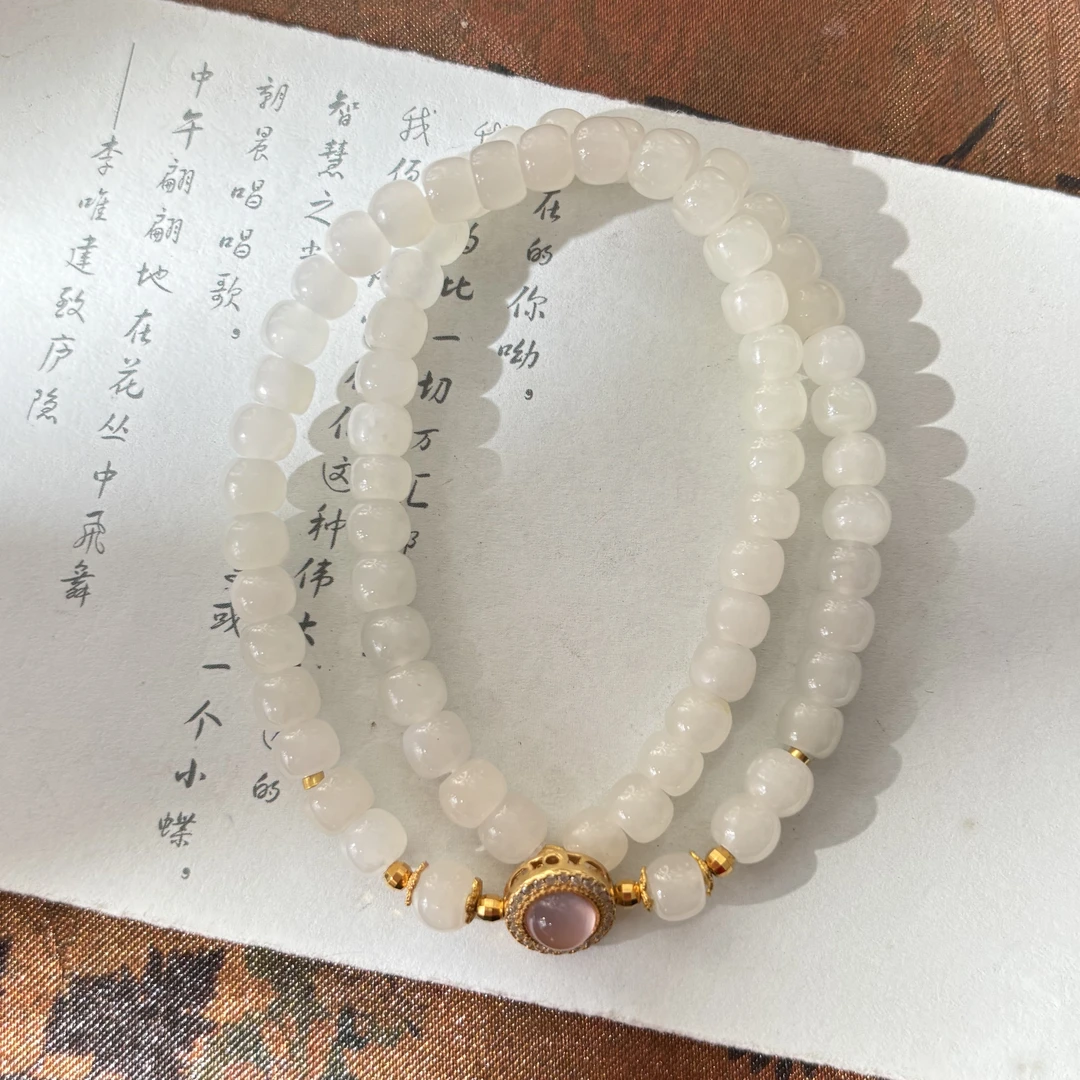 S23 珠韵辉【金菀菀】天然和田玉白玉直切珠银S925镶嵌双圈手串