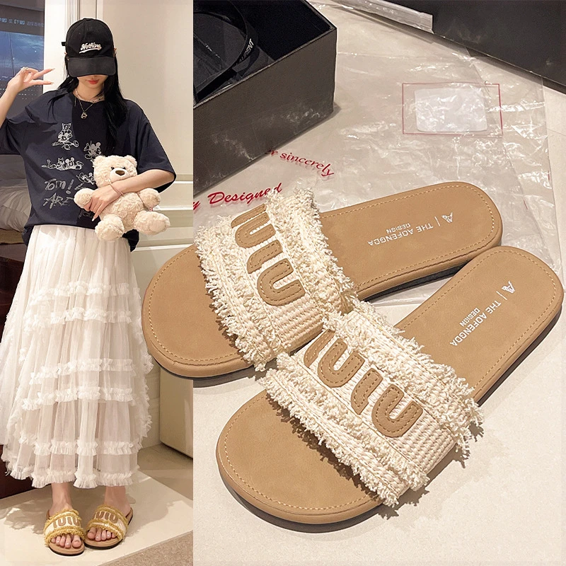 平底凉拖鞋女夏外穿2025新款流苏小香风超火配裙子沙滩休闲一字拖