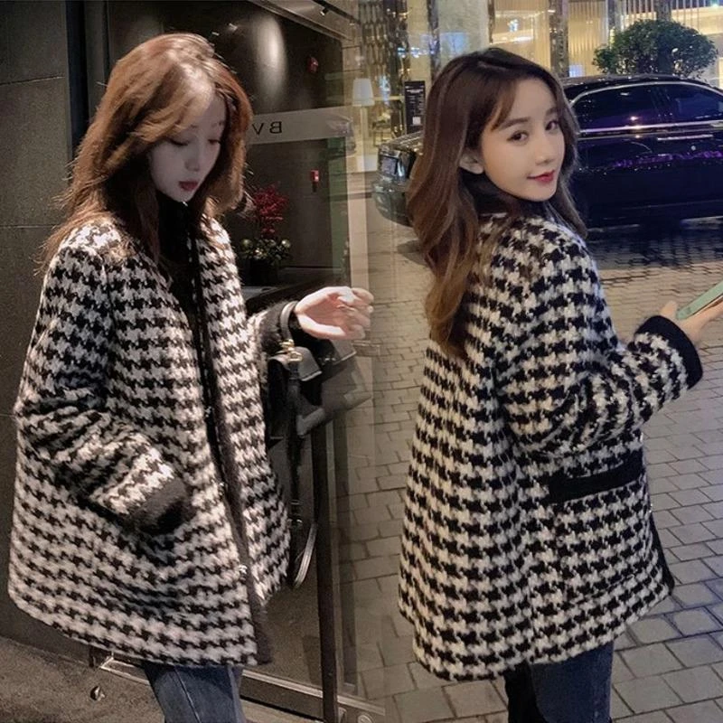 淳启秋冬小香风千鸟格外套女新款大码女装韩版宽松显瘦呢子大衣潮