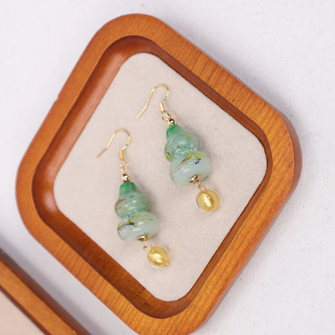 合金耳饰 玉楼东合金耳饰 LZ1661-1 绿料凤尾小葫芦琉璃耳环