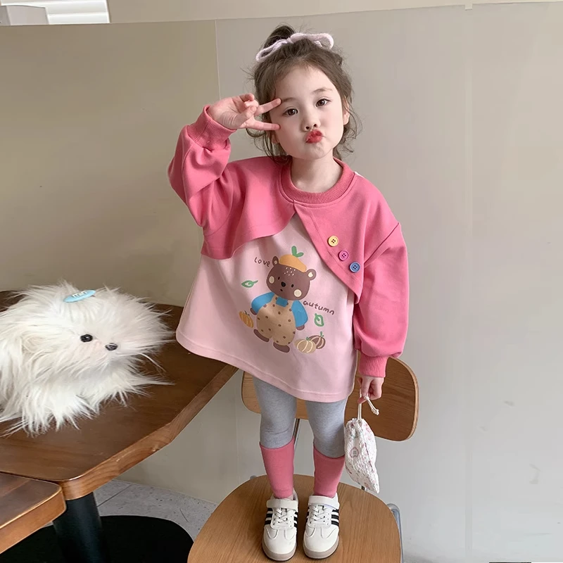 儿童洋气春秋季卫衣套装女童卡通多巴胺配色衣服女宝宝A类打底裤