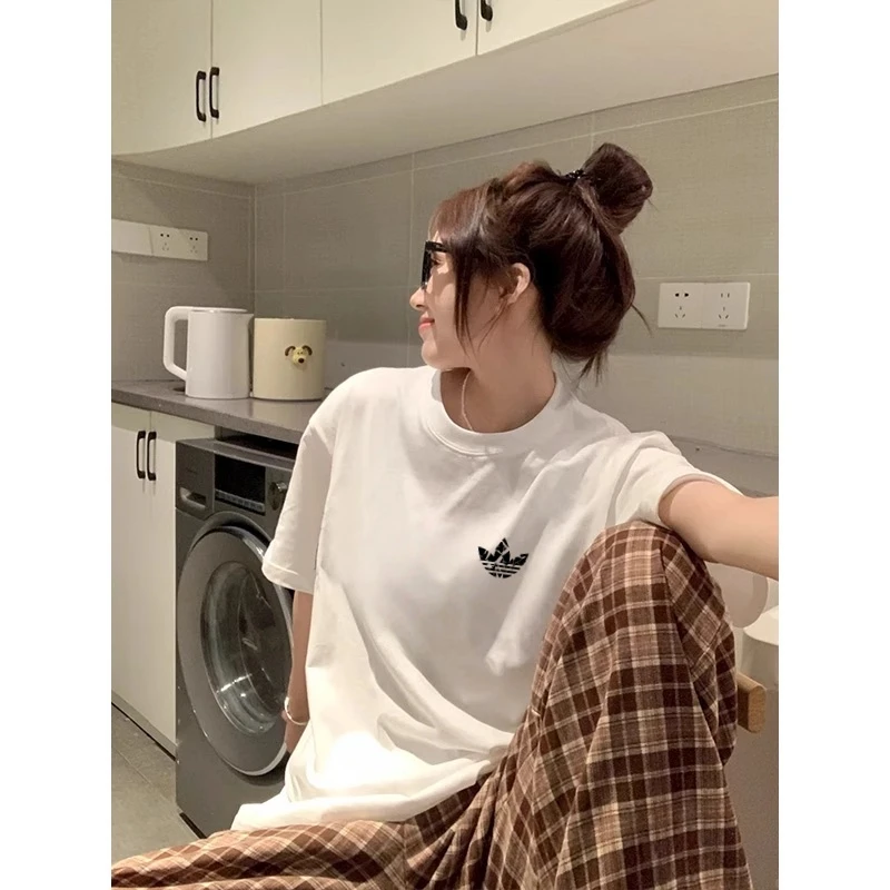 正品奥莱三叶碎片运动风百搭运动T恤圆领宽松短袖男女清爽透气