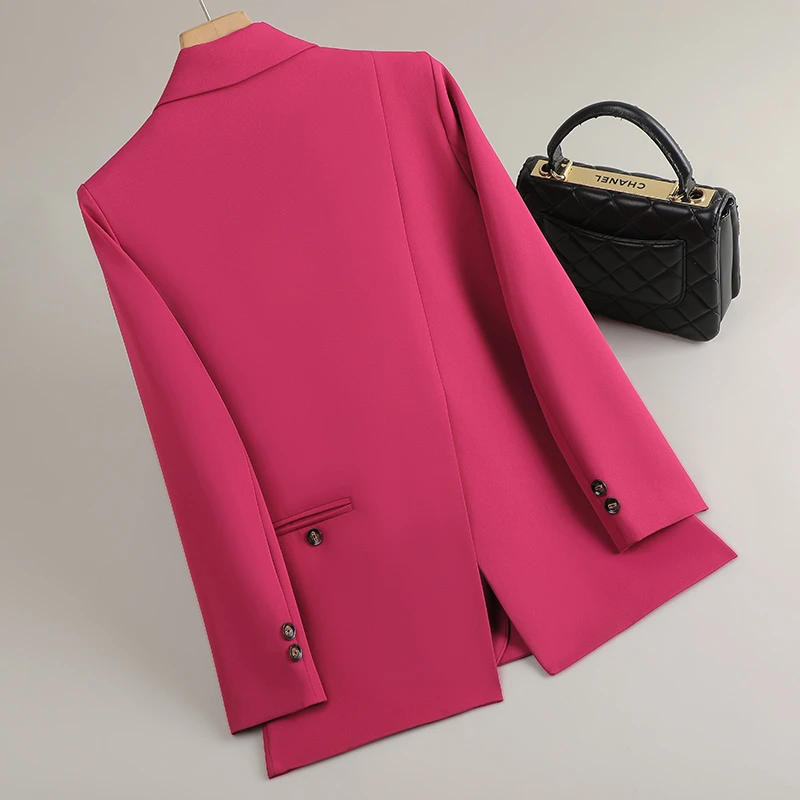 玫红色长袖西装外套女休闲宽松版时尚设计感后开叉大码时尚小西服