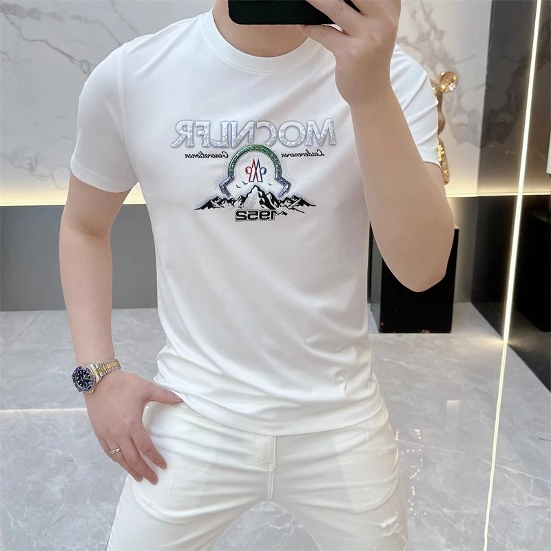 2025夏季新款欧货时尚百搭字母徽章修身帅气潮圆领短袖T恤男半袖
