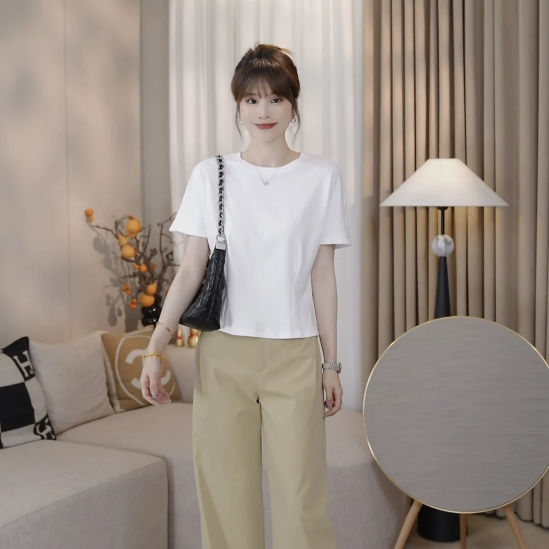 LMENY【清】一解双褶T~减龄圆领设计感后摆开叉腰褶短袖25BT038