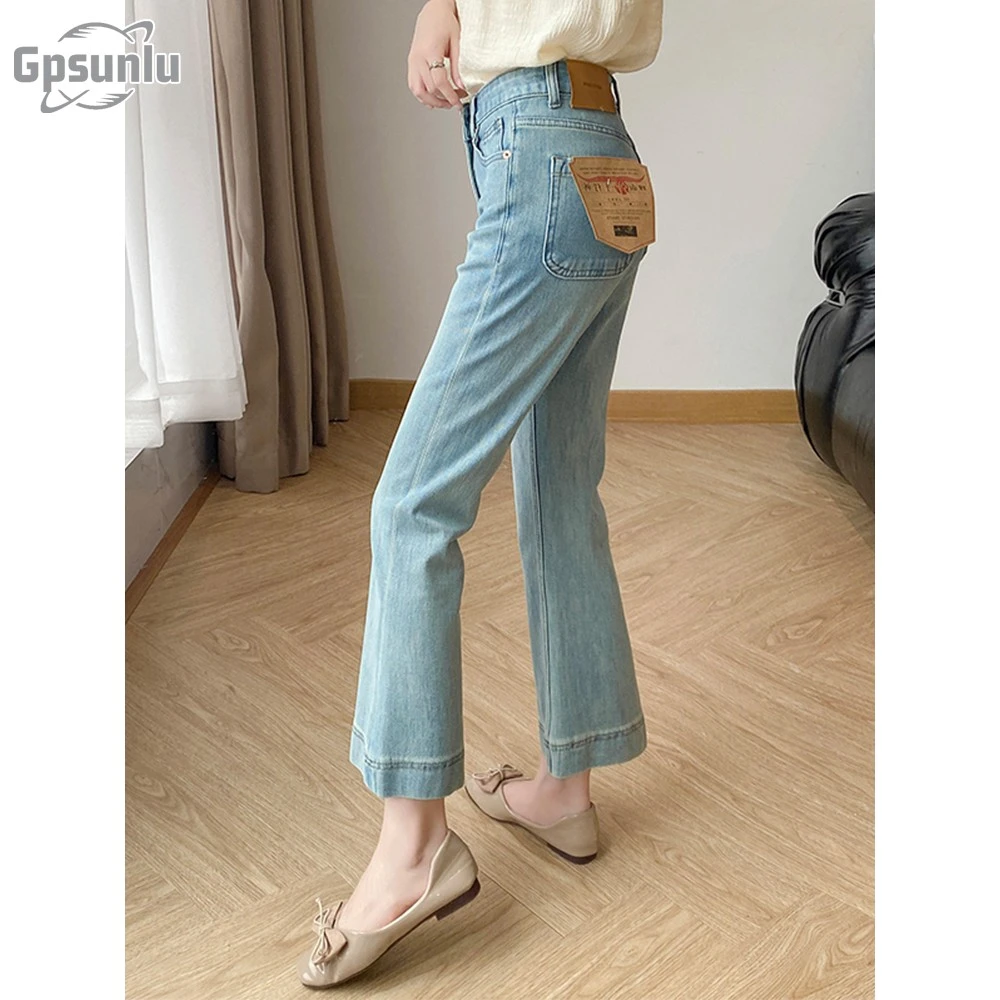 gpsunlu浅蓝色微喇牛仔裤女夏薄微胖梨形身材黑色阔腿微喇牛仔裤