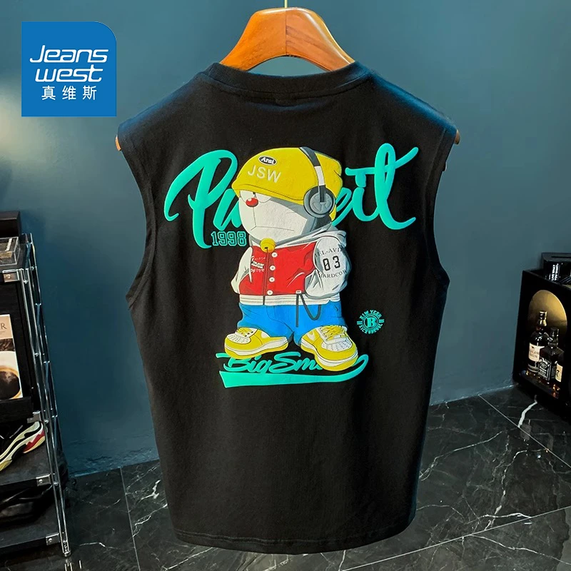 真维斯白色背心男夏季新款印花无袖体恤潮流宽松吸汗透气上衣男t