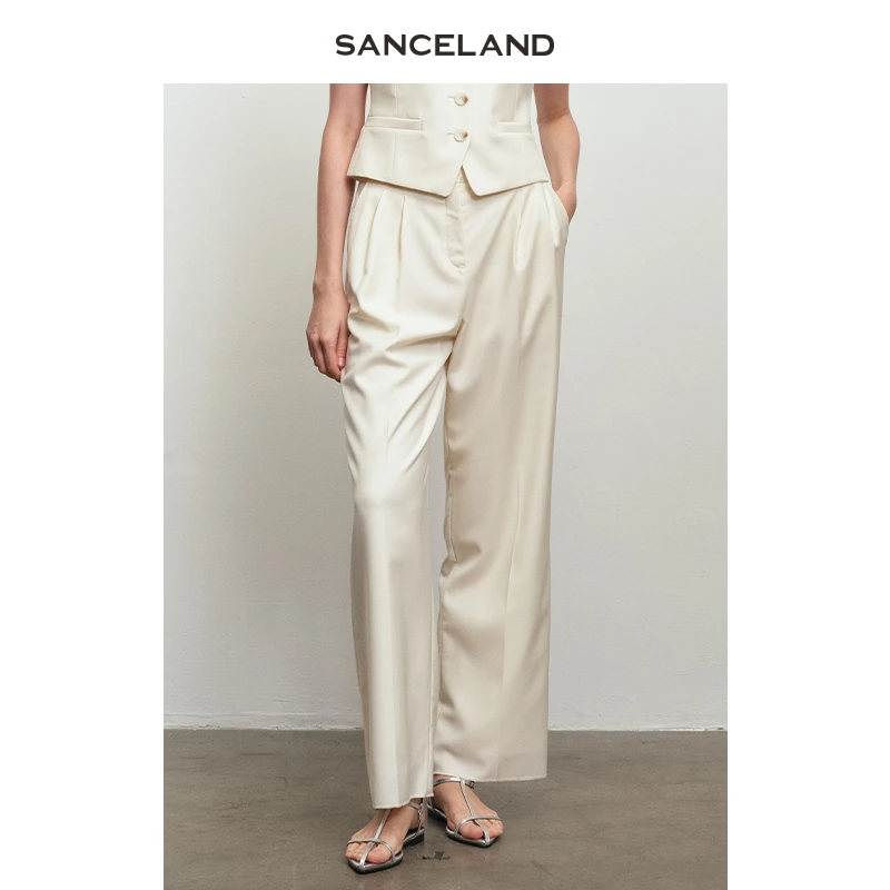 SANCELAND三石一澜春羊毛西装阔腿裤白色中高腰直筒裤SJ12103084