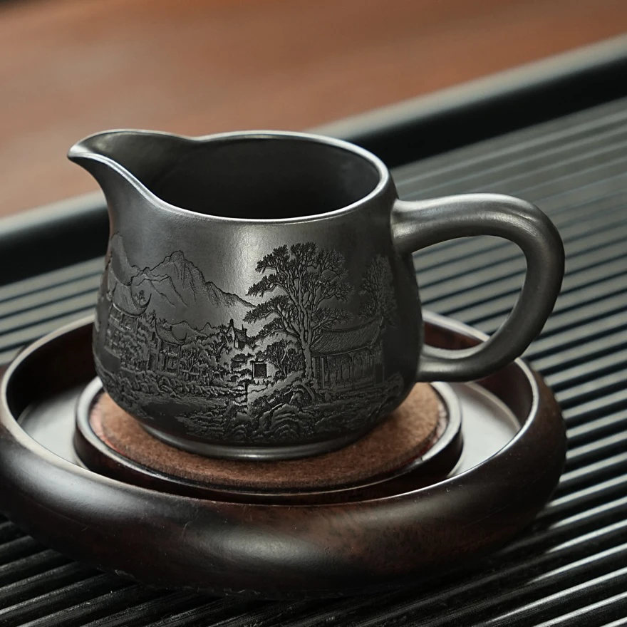 宜兴紫砂主人杯正宗石黄手工浮雕江南公道杯容量250ml泡茶分茶器