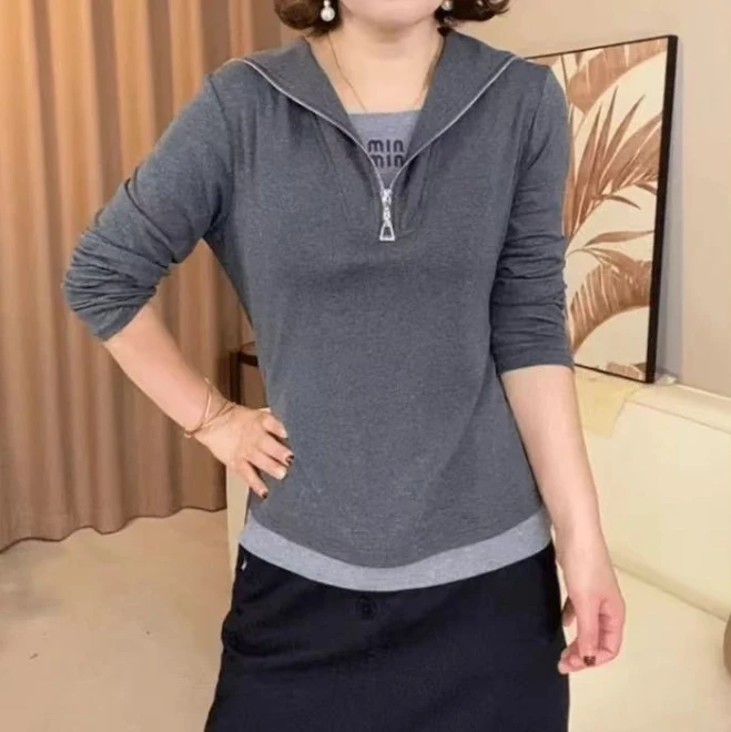 B518#时尚立领拼色百搭长袖上衣（L~5XL 90~160斤）
