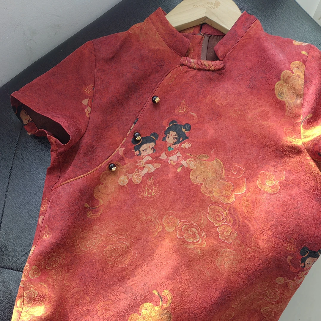 卓苗儿童香云纱连衣裙100%桑蚕丝亲子短袖裙子哪吒闹海国风旗袍裙