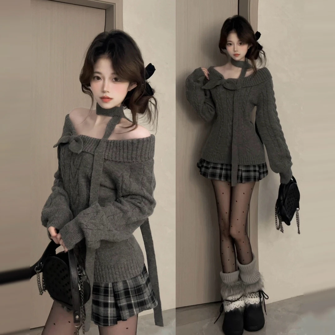 日系古早兔耳朵甜美灰色毛衣女2026秋冬季新款学院风百褶裙两件套