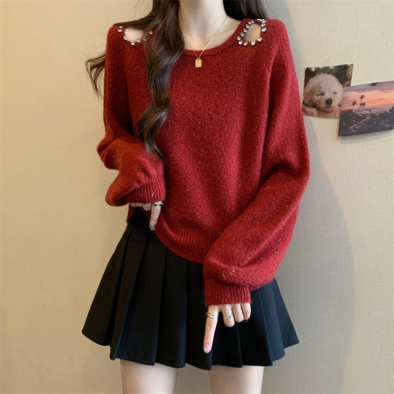 YS#【150斤可穿】红色针织毛衣女气质百搭钉珠镂空显瘦上衣DY12085