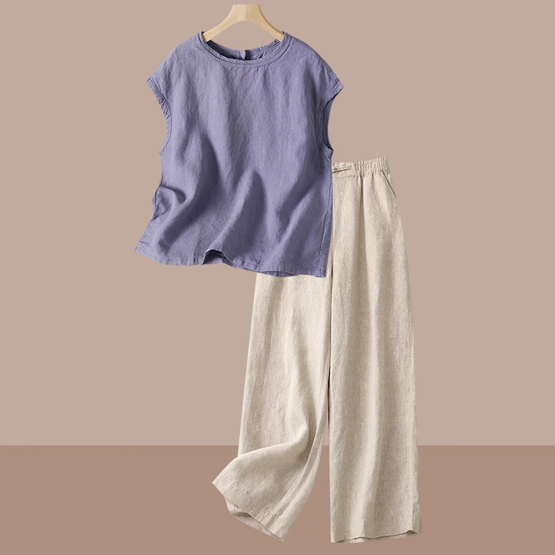 高端苎麻短袖T恤套装女士2025夏装新款洋气亚麻上衣阔腿裤两件套