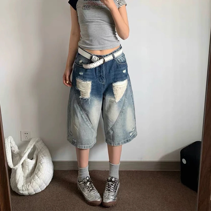 大码复古破洞设计感七分牛仔裤女款夏季新款高腰显瘦宽松阔腿中裤