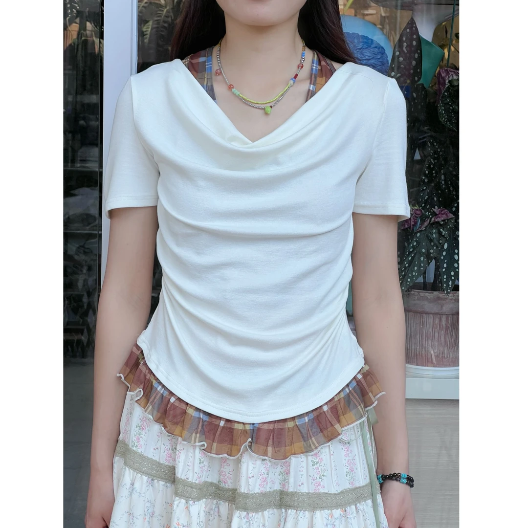 假两件挂脖上衣女2025新款甜美撞色格纹拼接荡领收腰纯欲T恤