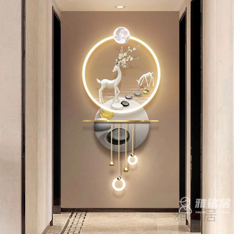 福鹿入户玄关装饰画客厅走廊过道寓意好轻奢高档带灯壁画立体挂画