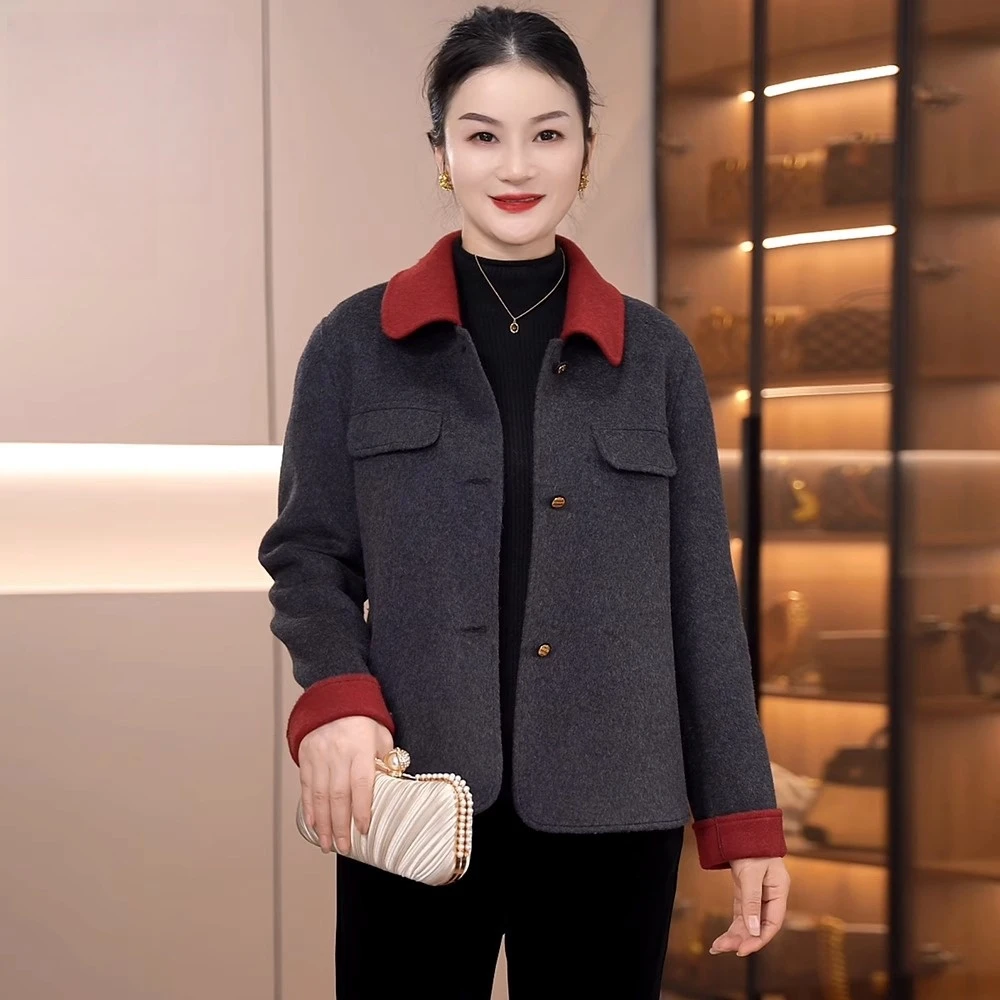 妈妈装秋季新款洋气短外套2025新款羊毛双面呢撞色小香风百搭上衣