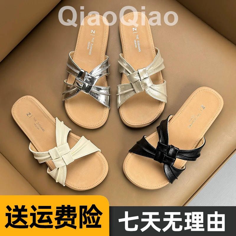 韩版广式港风褶皱编织平底软底凉拖鞋女夏季外海边沙滩度假一字拖