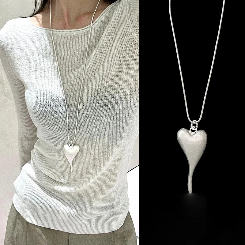 铜合金项链 复古拉丝不规则爱心蛇骨链简约小众甜酷设计感项链