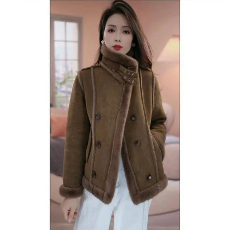 时尚立领防风宽松型冬季气质短款女保暖皮毛一体短外套大衣