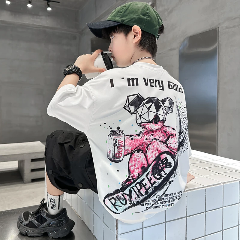 男童潮牌短袖T恤2025新款夏季薄款速干透气凉感百搭上衣炸街痞帅T