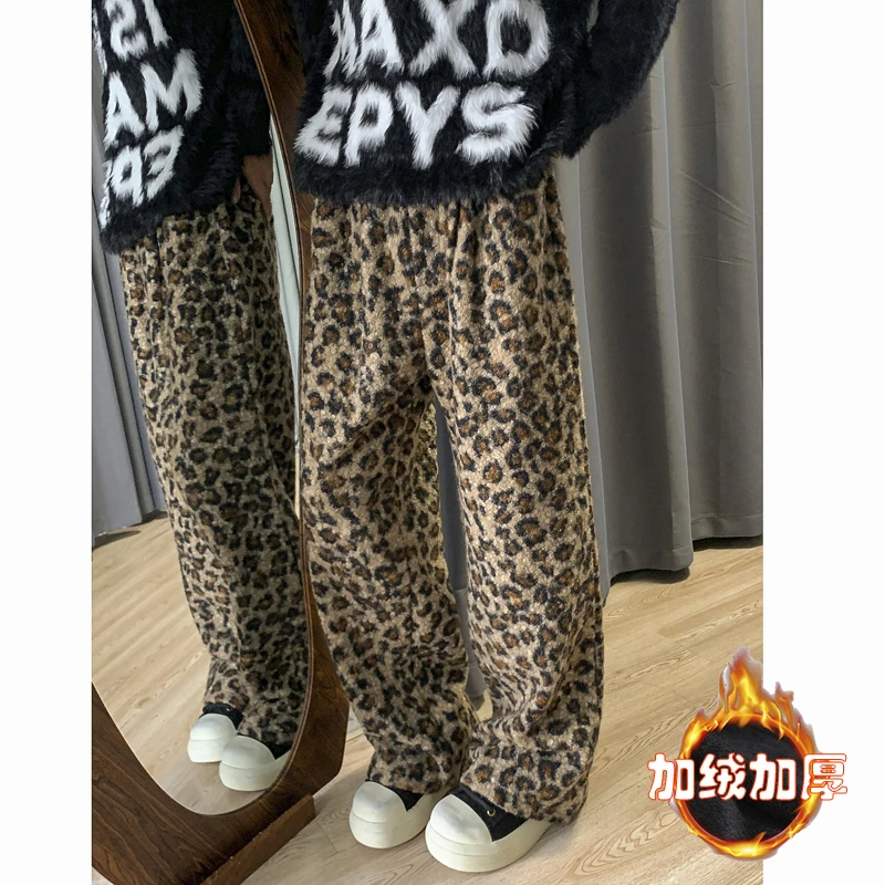 羊羔绒美式豹纹休闲裤男女秋冬加绒加厚哈尔滨防寒小众弯刀阔腿裤