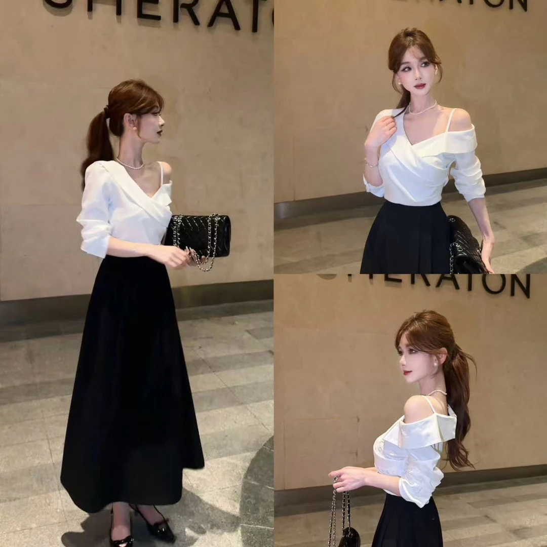【耀眼白月光】露思同款不对称露肩白衬衫➕呢料半身裙套装