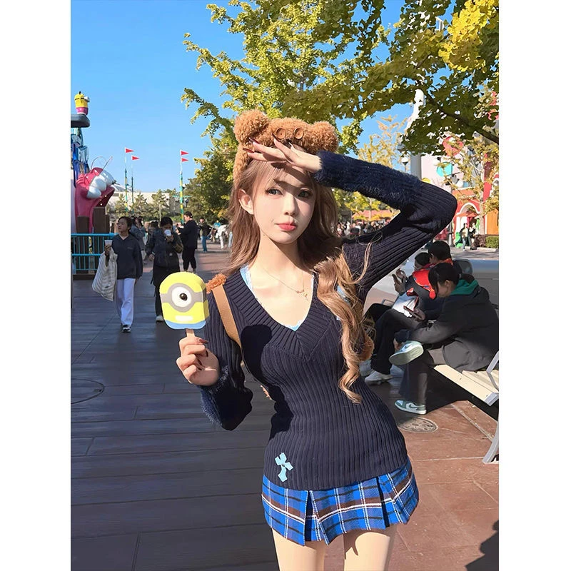 名媛气质辣妹套装n退n换显瘦长袖针织性感短款