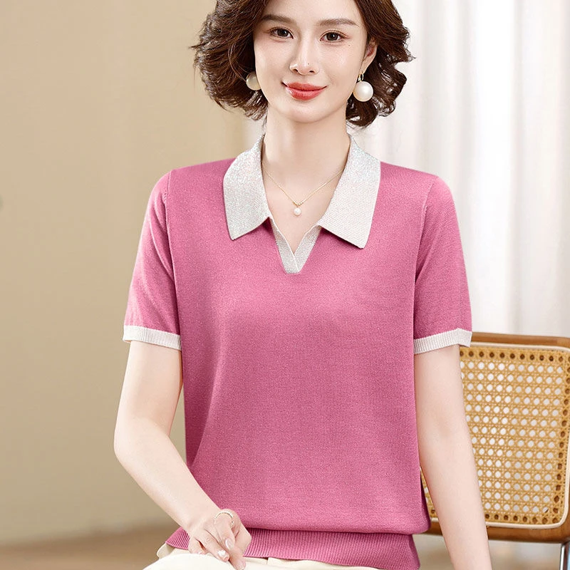 洋气妈妈夏装新款冰丝短袖翻领T恤中老年女夏季半袖透气小衫薄款