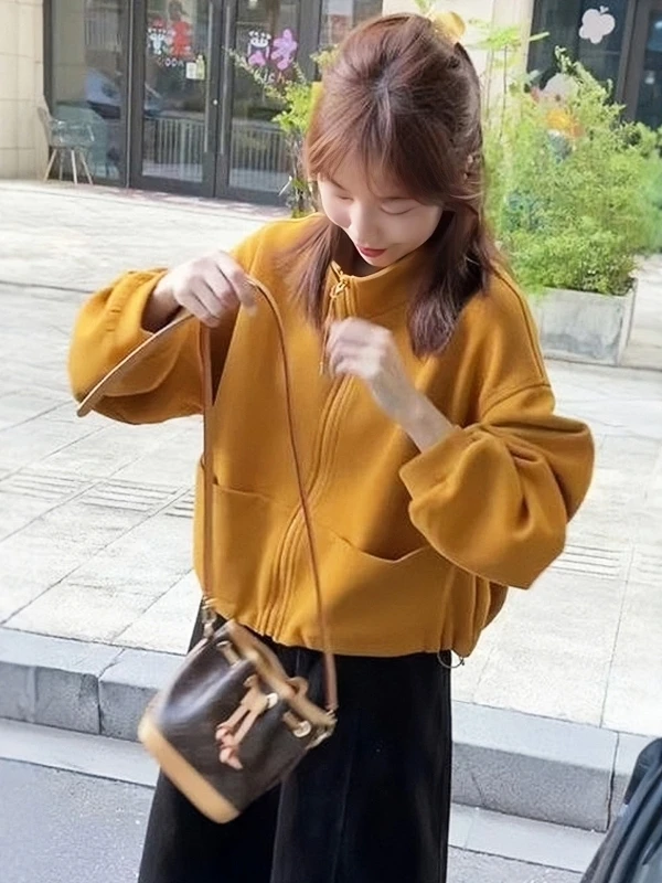 秋季新款慵懒风韩系简约立领抽绳拉链卫衣外套女休闲百搭短款上衣