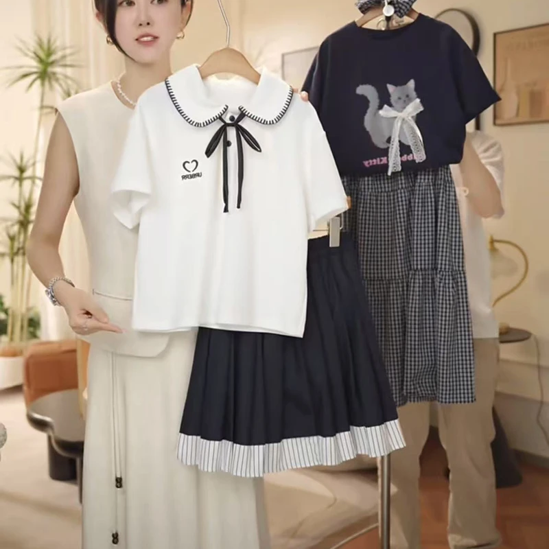 夏季女大童时尚短袖套装精致设计款百搭T恤+半裙两件套-SU463