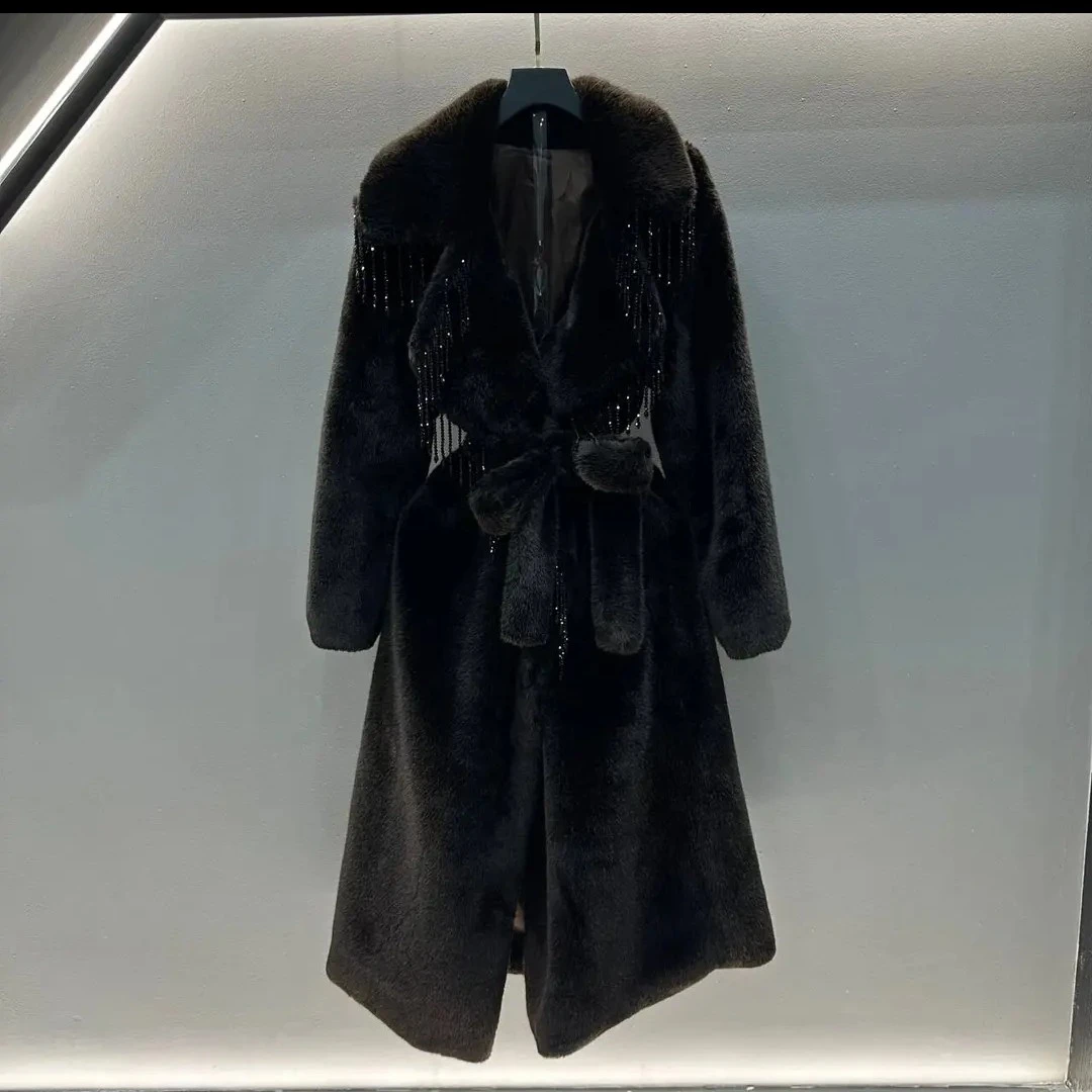 2601-B-8-4-4  气质时尚洋气流苏大翻领加厚外套新款女中长款大衣