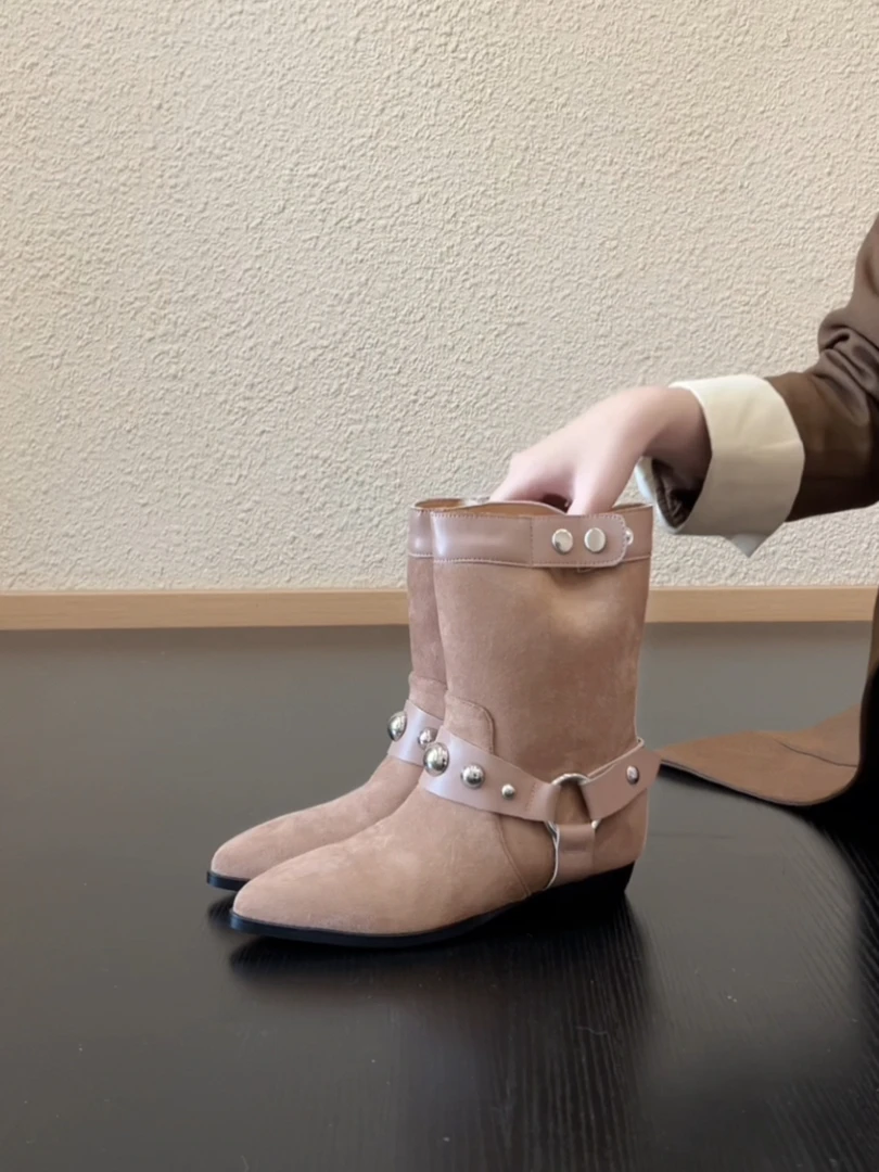 Pokoy-2.5cm复古风杏仁头设计感皮带扣雪地靴韩系套筒加绒短靴